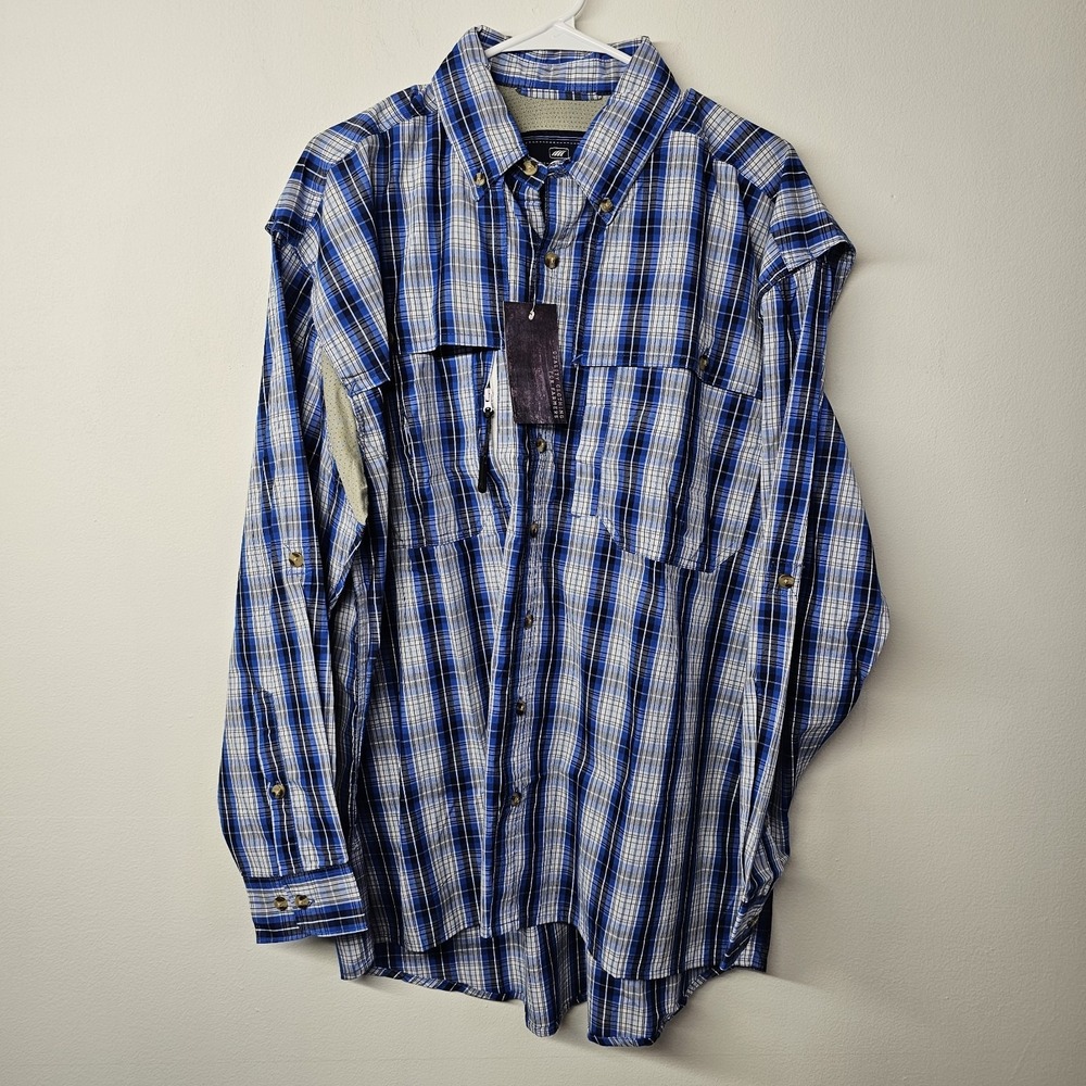 TurnRows Mens Large Button Up Blue White Plaid Vented Pockets NWT Long Sleeve